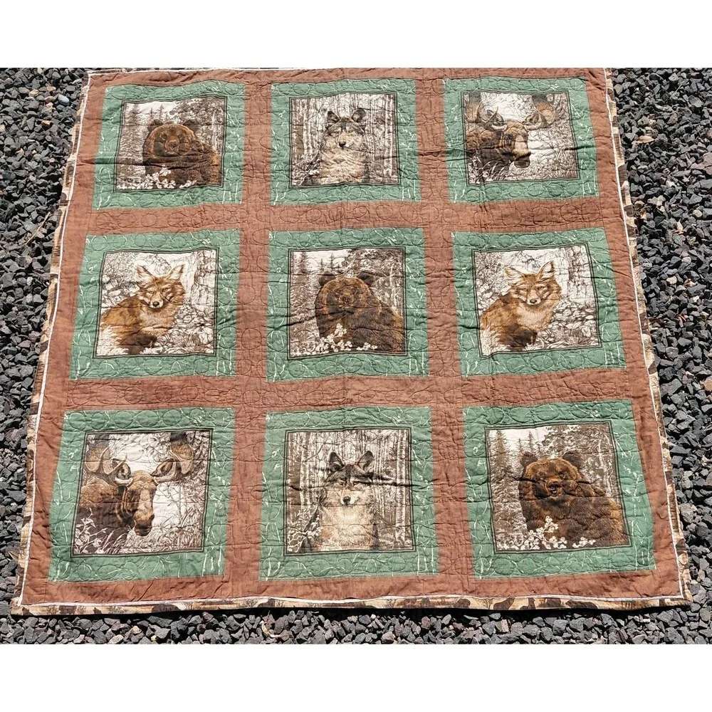 Bear Wildlife Quilt Blanket Square Nature Cabin Wolf Moose Outdoor Hunter 51x53
